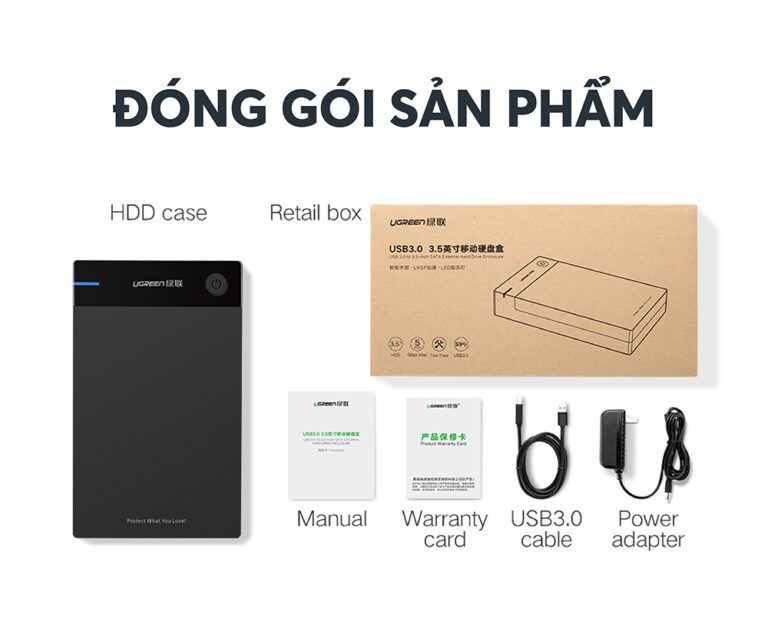 Hộp đựng ổ cứng 3.5/2.5 inch UGREEN US222 50423 hỗ trợ 10TB chân cắm tròn