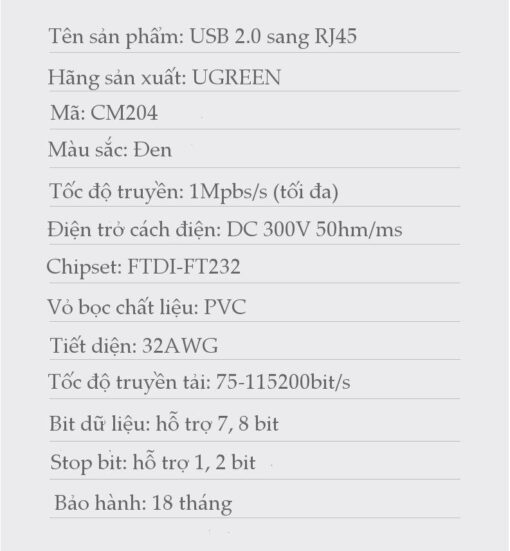 Cáp Console UGREEN CM204 60813 Dài 3m Chuyển USB 2.0 sang RJ45 FTDI (chuẩn 8 pin)