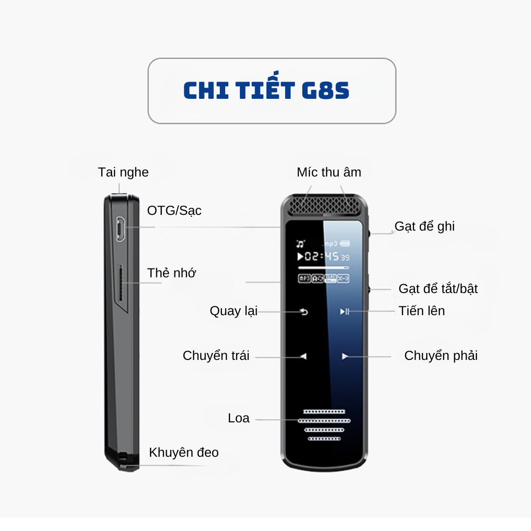 Máy ghi âm chuyên dụng G8S - Ghi âm 24h - Lọc tiếng ồn DPS - Bảo mật hàng đầu