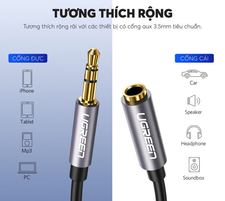Dây cáp nối dài 3.5mm UGREEN AV118 60845 hỗ trợ Mic Màu Đen Dài 0.5m