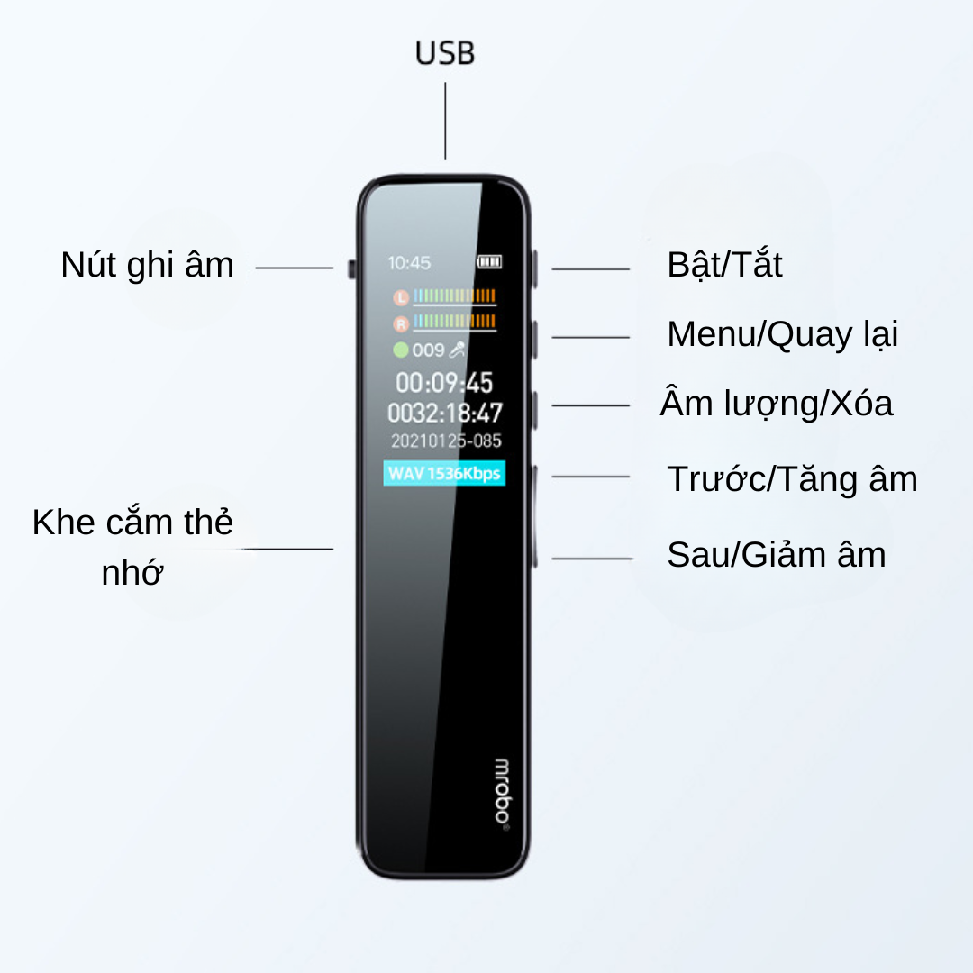 Máy Ghi Âm Chuyên Nghiệp RV18 Mrobo: Ghi âm 30h - Lọc âm DPS - Siêu mỏng 7mm