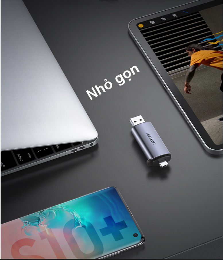 Đầu đọc thẻ Type C UGREEN Model CM185: mã 50706: Đầu đọc USB type C sang USB 3.0 hỗ trợ 2 khe cắm thẻ SD và TF