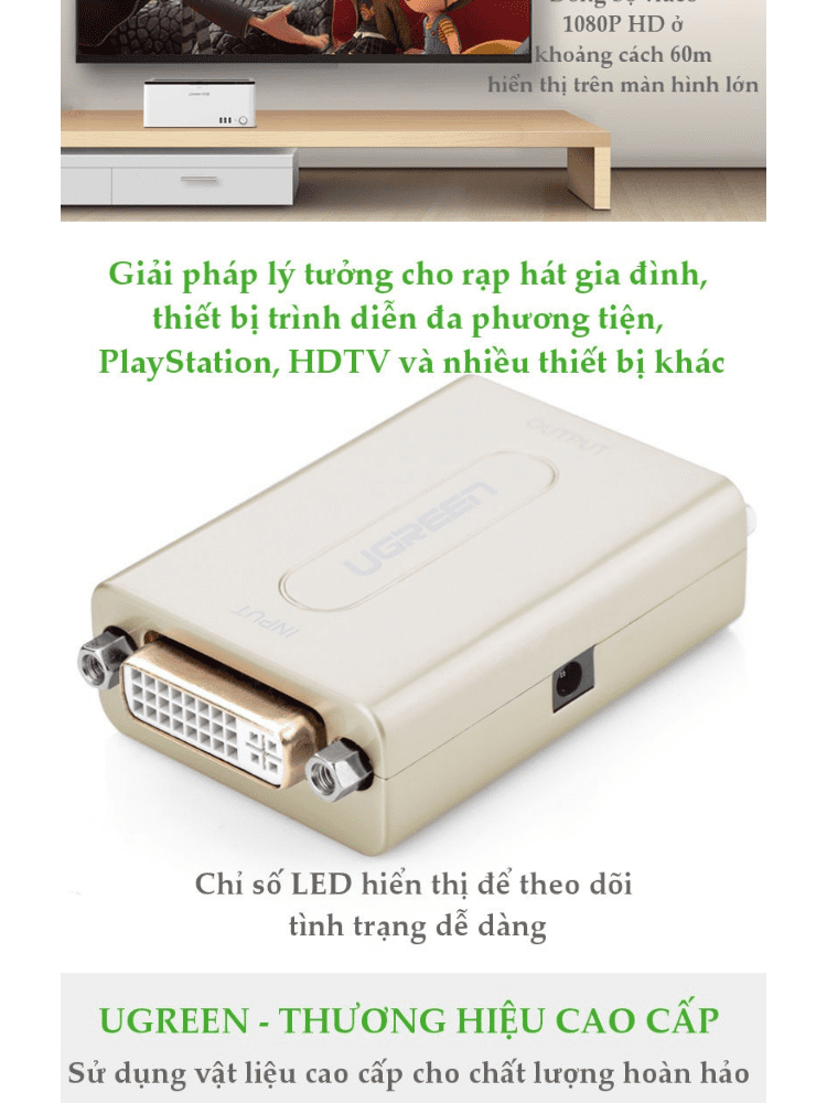 Bộ khuyếch đại + nối dài DVI-I 24+5 1080P độ phân giải cao vỏ hợp kim đầu mạ vàng UGREEN 40266 (màu bạc)