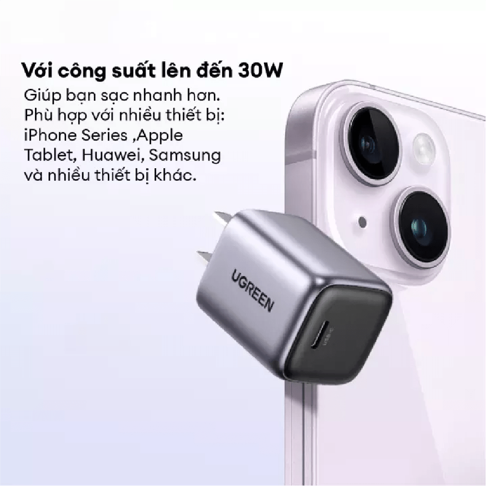 Củ sạc nhanh 30W GaN Ugreen CD319 90901 đen ghi chân dẹt