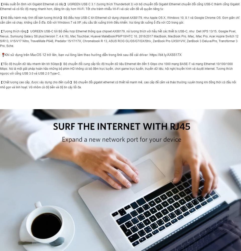 Cáp chuyển Type C sang đầu mạng UGREEN US236 Đầu mạng Ethernet RJ45 Gigabit tốc độ mạng 1000 Mbps