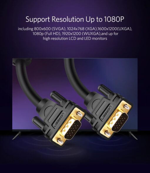 Cáp VGA tròn 2 đầu đực màu đen Ugreen VG101 11673 Dài 1m