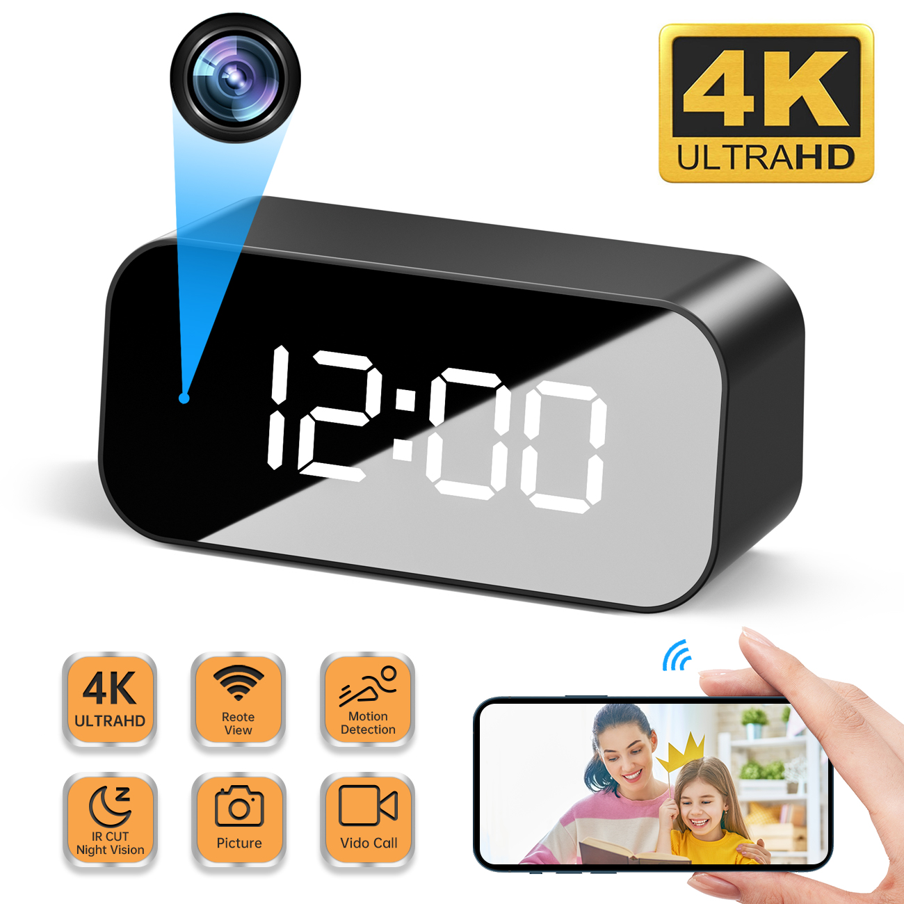 Camera Đồng Hồ Đặt Bàn Q8 Pro 4K - Âm thanh Rõ nét - Hồng ngoại ẩn 10m.