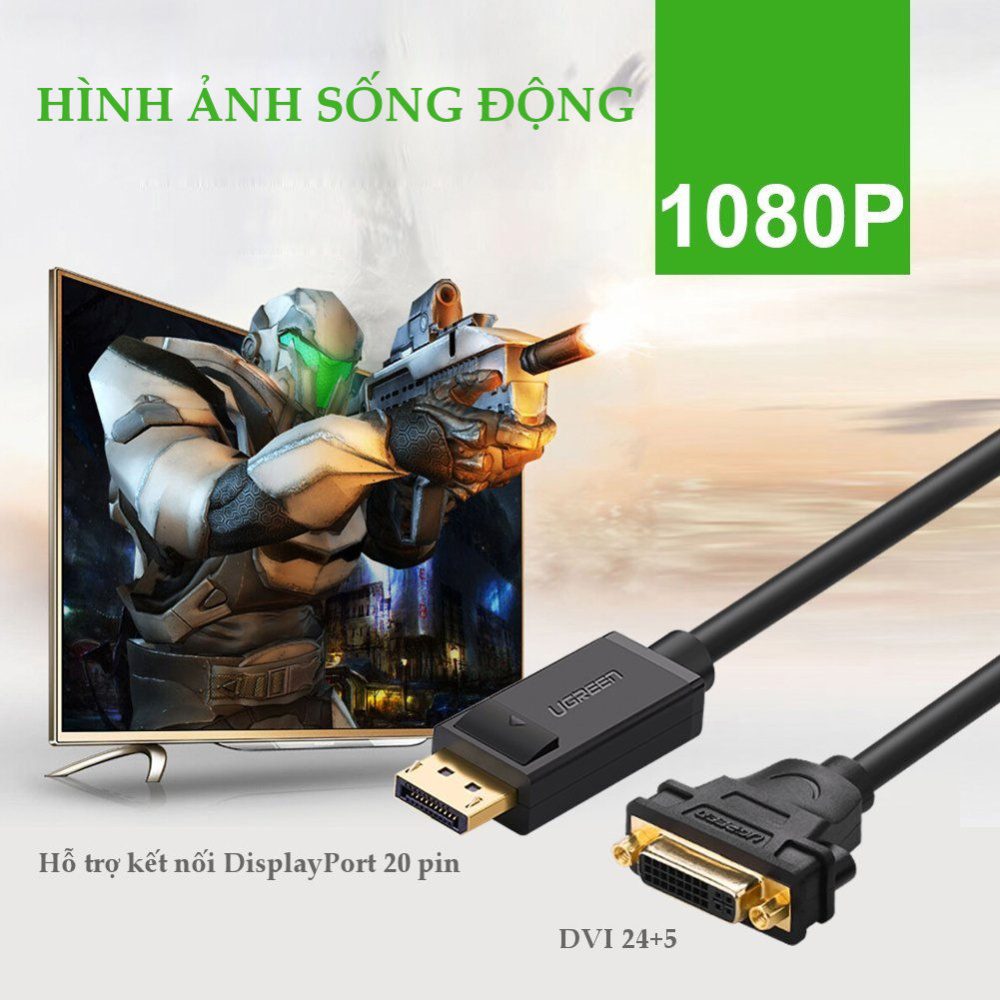 Cáp chuyển đổi DisplayPort (20 pin) cổng đực sang DVI-I (24+5) cổng cái dài 15CM UGREEN 20405 (màu đen)