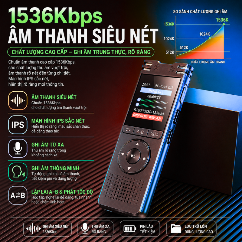 Máy Ghi Âm Q2S – Ghi Âm Siêu Nét 1536Kbps, Pin 50 Giờ, Dễ Dùng