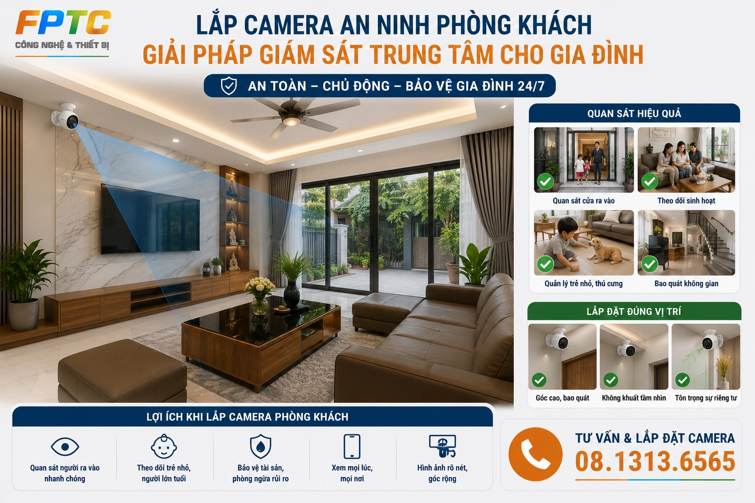 Lắp Camera An Ninh Phòng Khách Gọn Đẹp, Xem Qua Điện Thoại