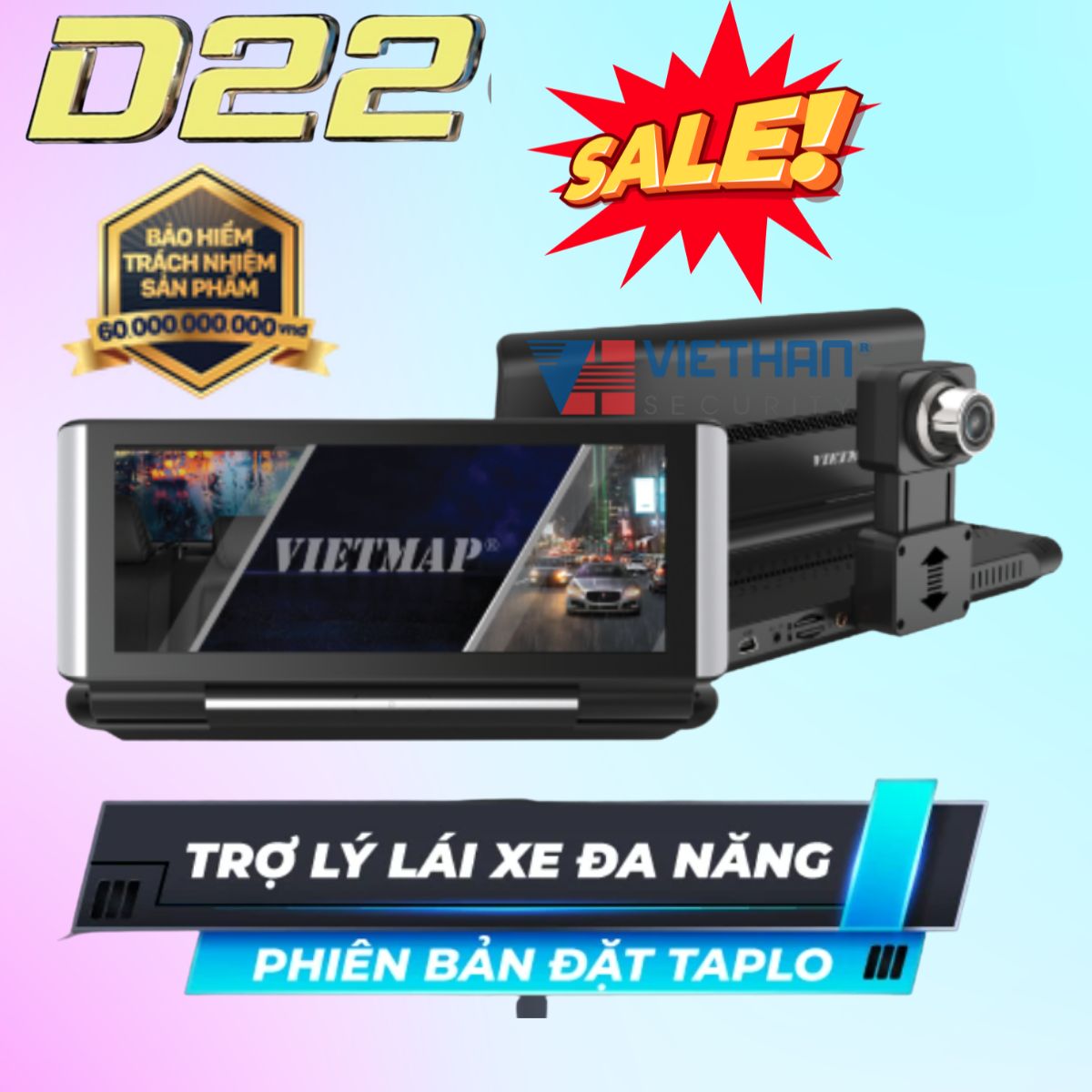 Camera hành trình taplo Vietmap D22 vừa dẫn đường và ghi hình, cảnh báo khoảng cách xe phía trước, lệch làn