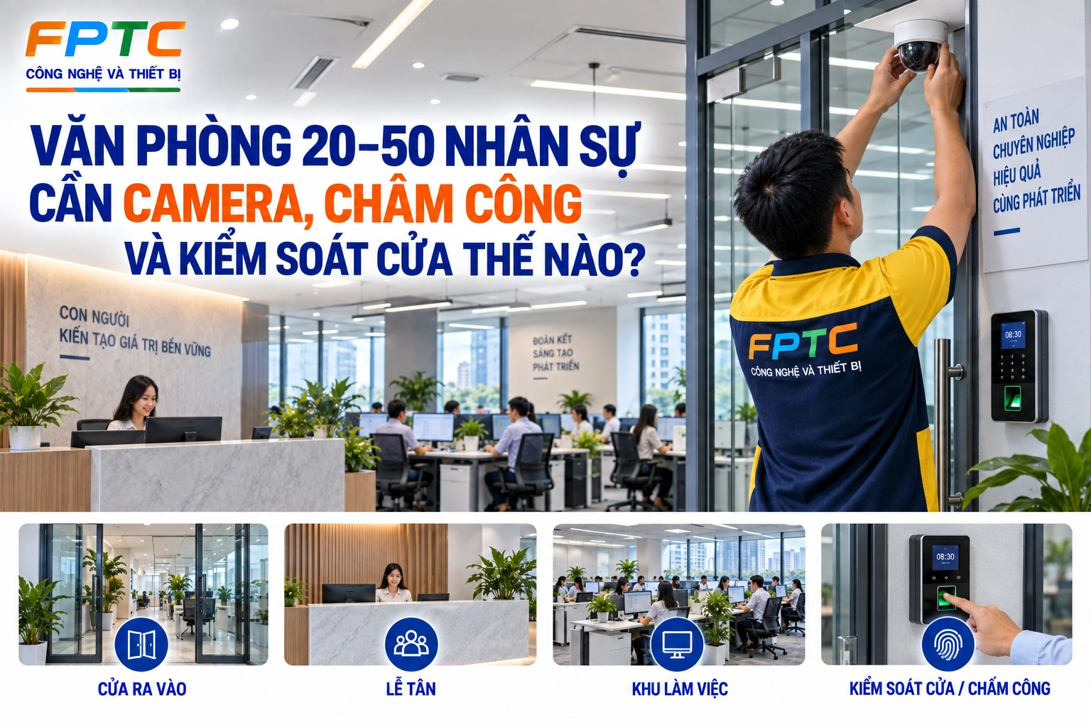 Văn phòng 20–50 nhân sự cần camera, chấm công và kiểm soát cửa thế nào?