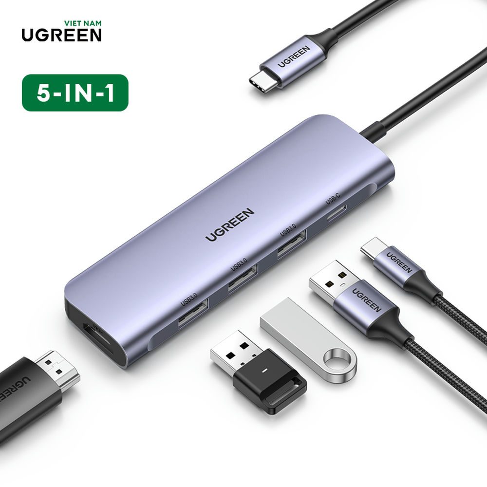 Bộ chuyển đổi Type C ra 3 cổng USB 3.0+ HDMI + tích hợp nguồn PD Ugreen 50209