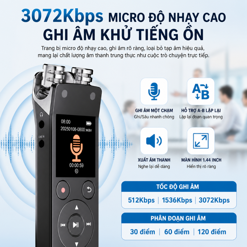 Máy Ghi Âm QJ400 Cao Cấp – 3072Kbps, Bluetooth 5.2, Ghi Âm Siêu Nét