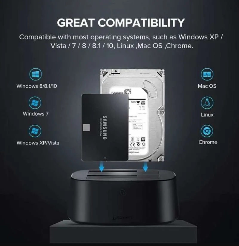 Hộp đựng ổ cứng Docking 2.5/3.5inch Sata/USB 3.0 hỗ trợ 16TB Ugreen 50857 cao cấp