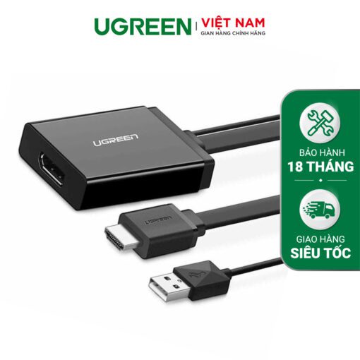 Cáp chuyển đổi HDMI đầu đực + USB 2.0 đầu đực (hỗ trợ nguồn) sang Displayport đầu cái hỗ trợ 4K dạng cáp dẹt dài 50cm UGREEN MM107 40238