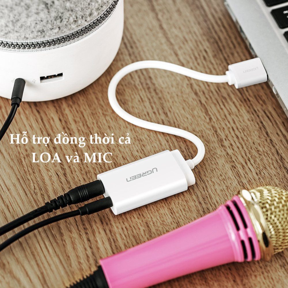 Dây USB 2.0 mở rộng sang đồng thời 2 cổng 3.5mm cho tai nghe + mic không cần driver UGREEN US205 30143 Màu Trắng