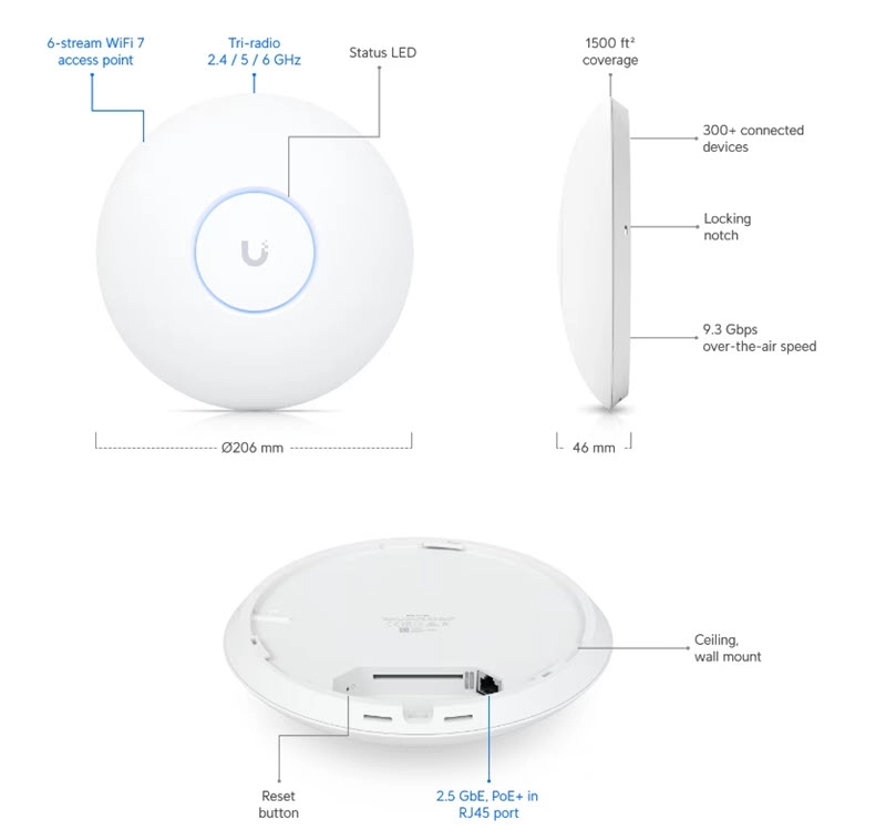 Bộ phát Wifi Ubiquiti UniFi U7 Pro (Wifi 7, BE9335Mbps, Lan 2.5GE)