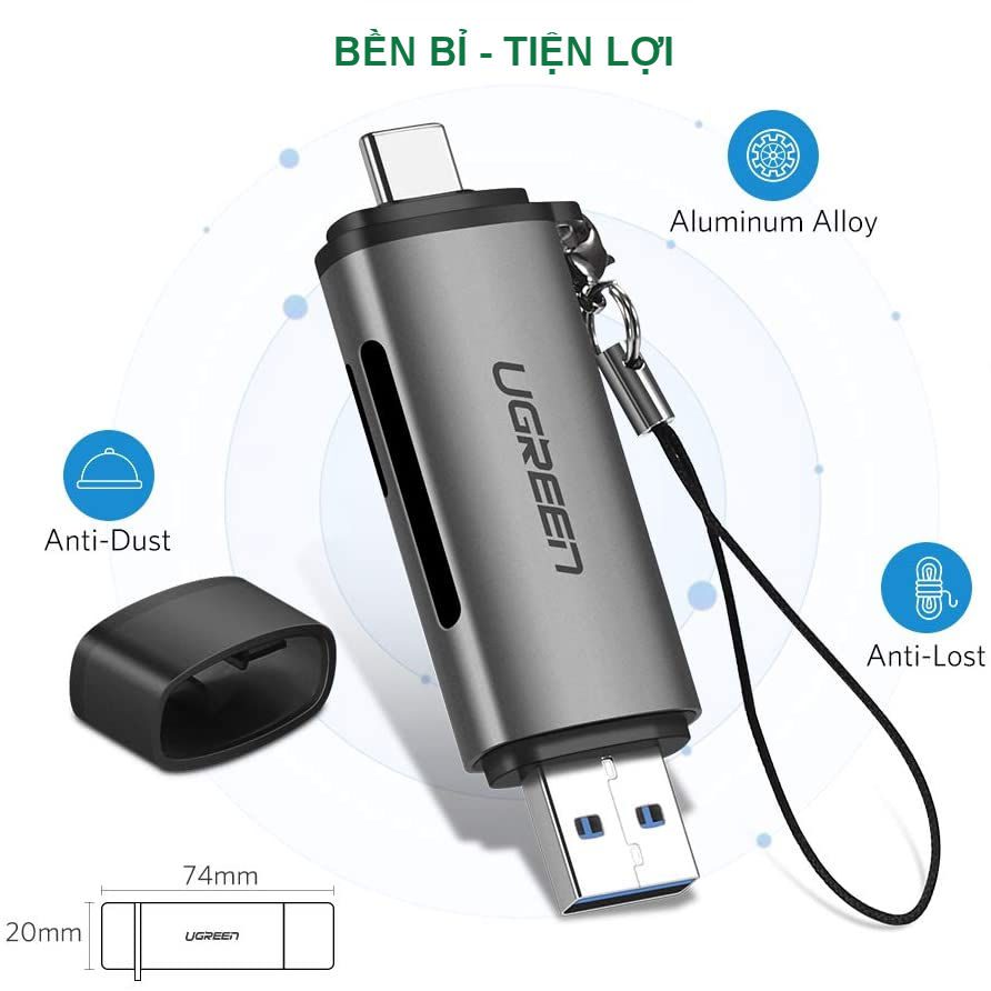 Đầu đọc thẻ Type C UGREEN Model CM185: mã 50706: Đầu đọc USB type C sang USB 3.0 hỗ trợ 2 khe cắm thẻ SD và TF