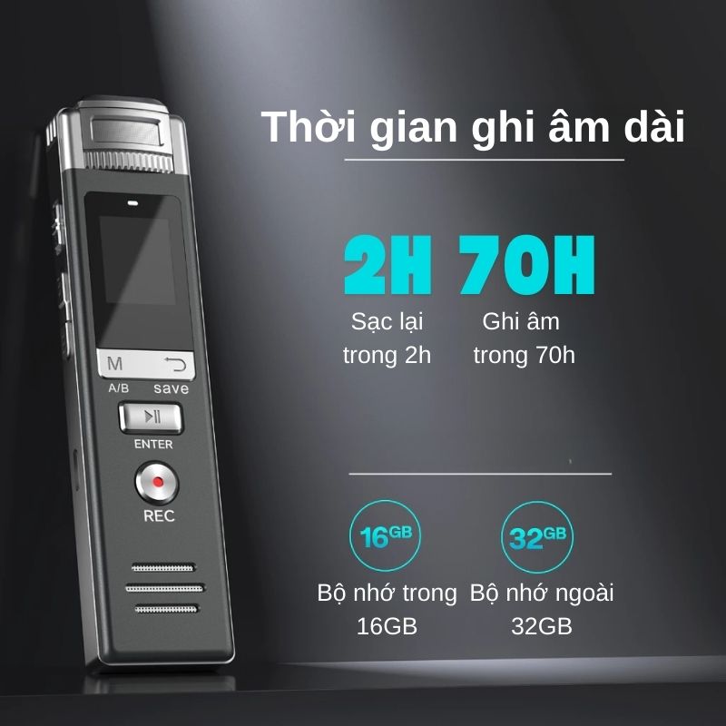 Máy ghi âm chuyên dụng G9S - Ghi âm 70h - Lọc tiếng ồn DPS - Bảo mật hàng đầu