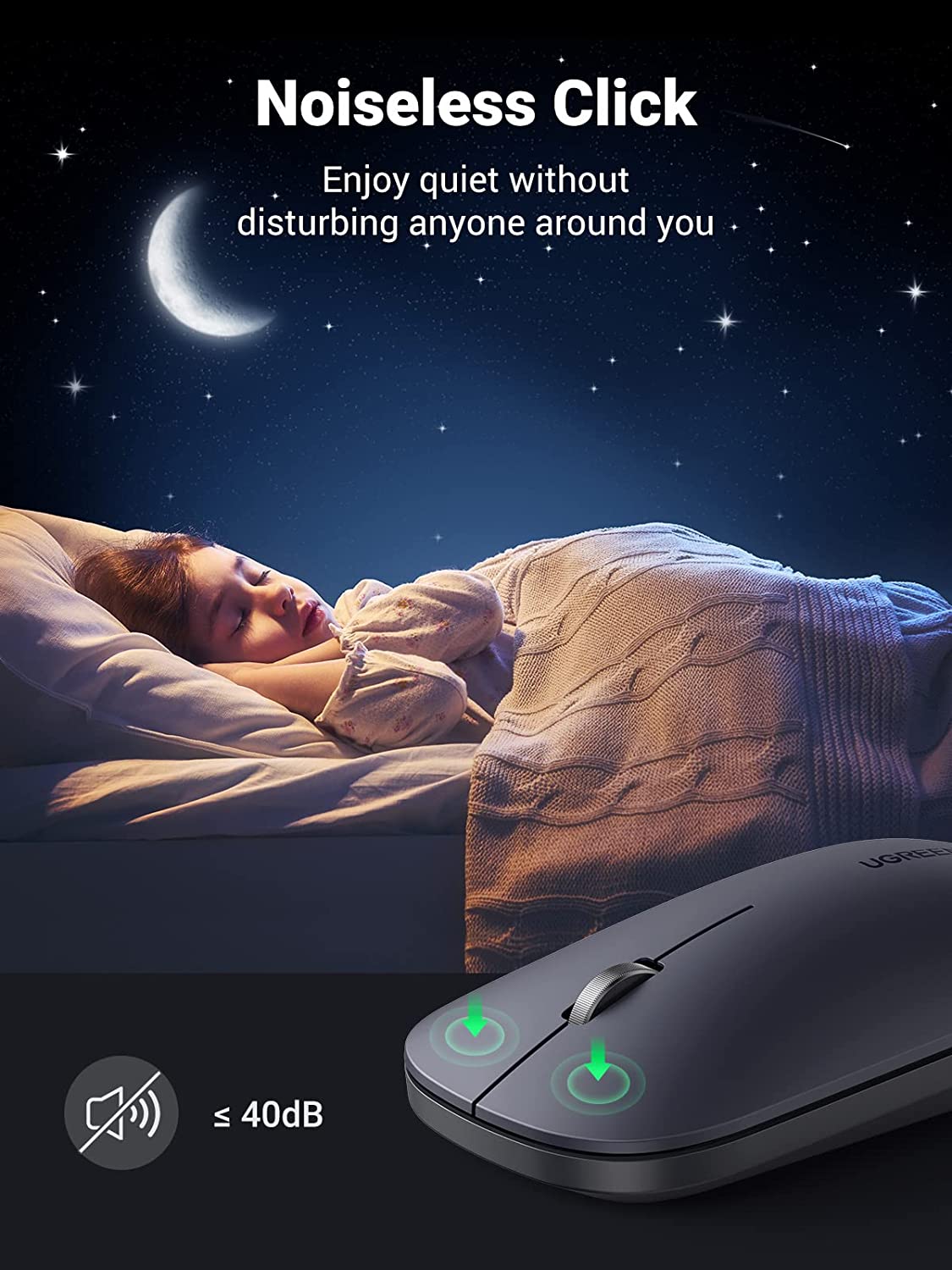 Chuột máy tính không dây Silent Ugreen MU001 90674 Màu xanh ngọc, kết nối qua USB