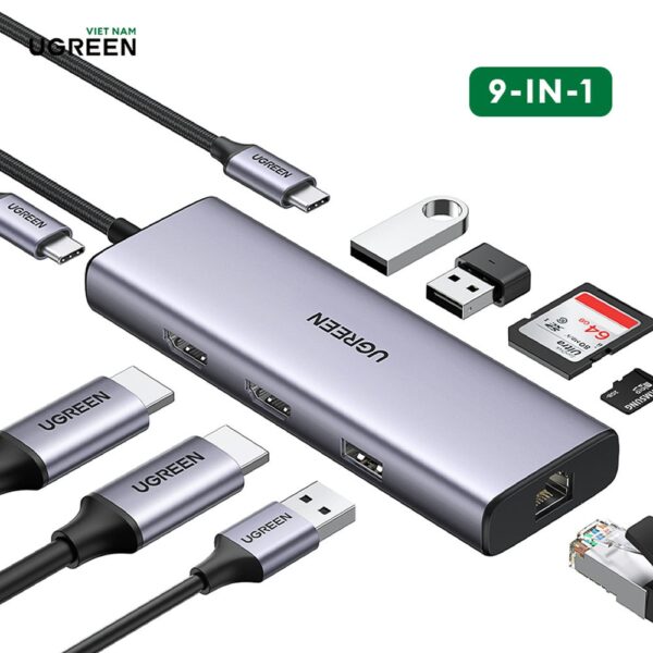 Bộ chuyển đổi Type C ra 2 cổng HDMI 4k@60Hz, cổng PD, 2 cổng USB3.0, đầu đọc thẻ SD/TF và cổng RJ45