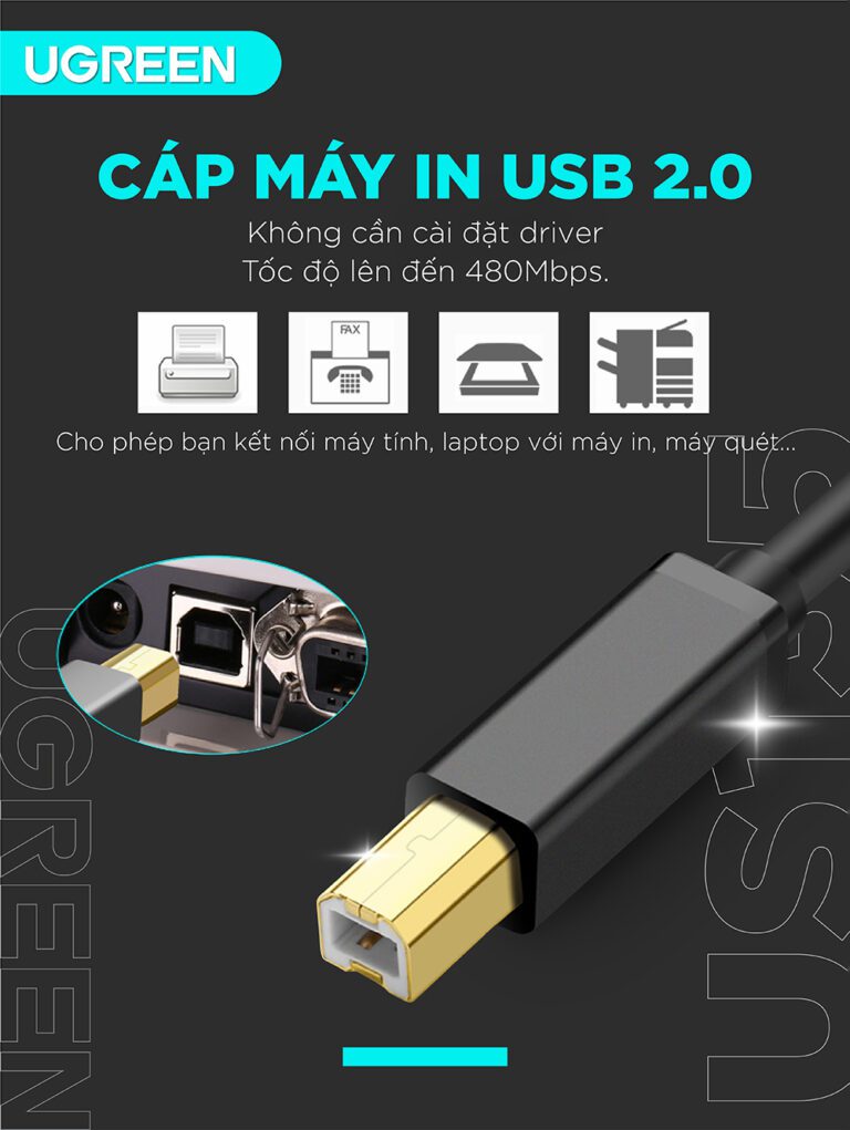 Dây cáp máy in Ugreen US135 10350 chuyển từ USB-A sang USB-B Dài 1.5m