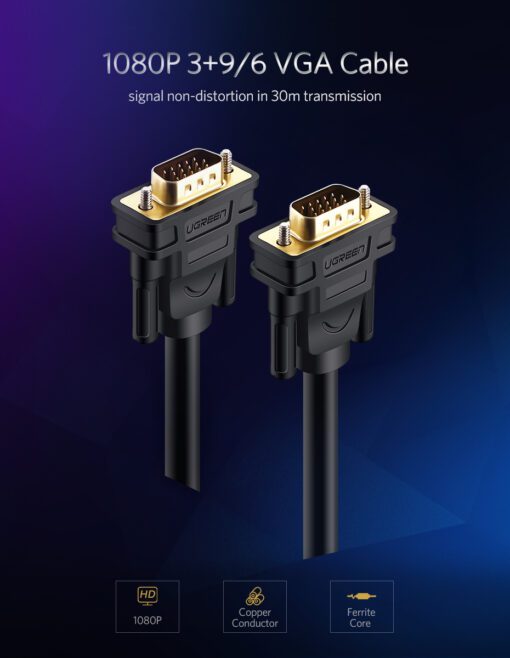 Cáp VGA tròn 2 đầu đực màu đen Ugreen VG101 11673 Dài 1m