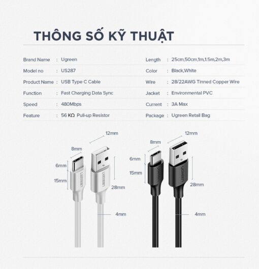 Cáp sạc, dữ liệu USB Type-A 2.0 sang USB Type-C dài 0,25M Ugreen US287 60119 Màu Trắng