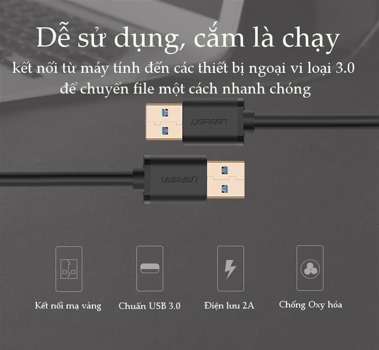 Cáp USB 2 đầu đực 3.0, mạ vàng dài 2m UGREEN US128 10371