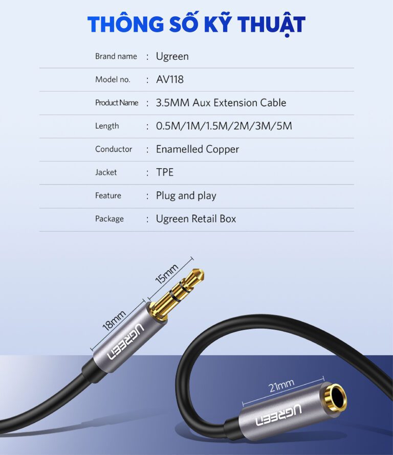 Dây cáp nối dài 3.5mm UGREEN AV118 60845 hỗ trợ Mic Màu Đen Dài 0.5m