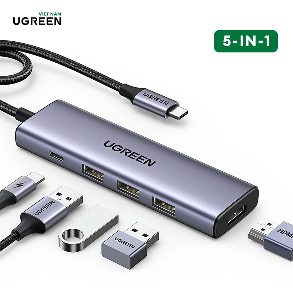 Hub chuyển đổi USB Type-C 5 trong 1 ra HDMI 4K@30Hz, USB 3.0 x 3, Sạc PD 100W Ugreen 15596