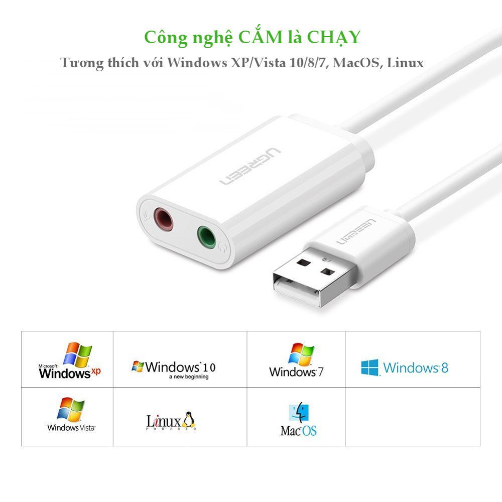 Dây USB 2.0 mở rộng sang đồng thời 2 cổng 3.5mm cho tai nghe + mic không cần driver UGREEN US205 30143 Màu Trắng