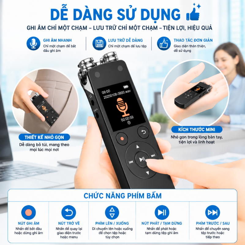 Máy Ghi Âm QJ400 Cao Cấp – 3072Kbps, Bluetooth 5.2, Ghi Âm Siêu Nét
