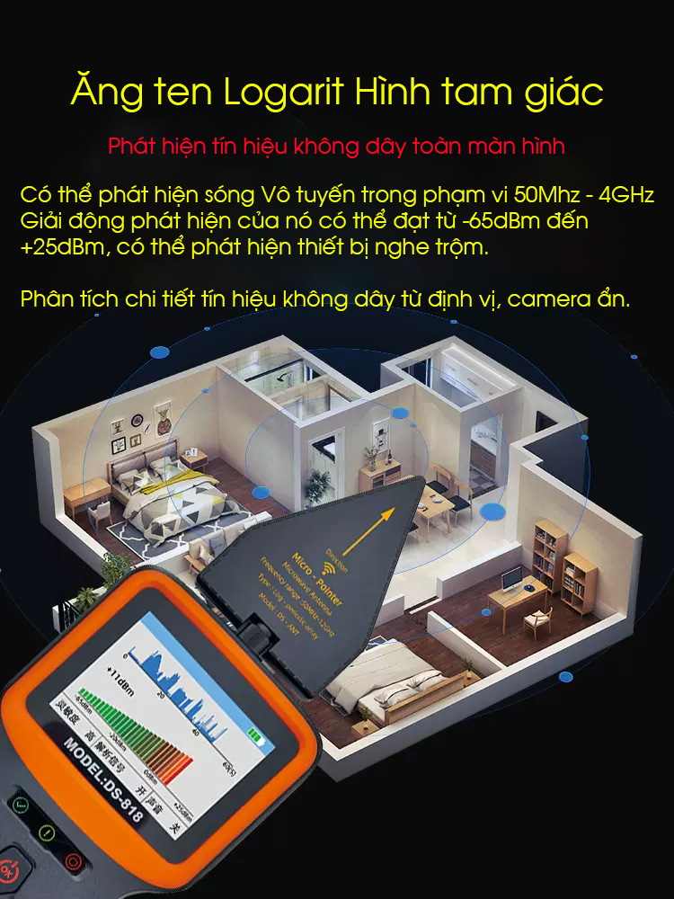 Thiết bị dò sóng Camera siêu nhỏ, định vị, ghi âm DS-818 Chính xác đến 99.99%