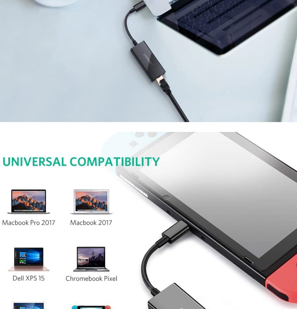 Cáp chuyển Type C sang đầu mạng UGREEN US236 Đầu mạng Ethernet RJ45 Gigabit tốc độ mạng 1000 Mbps