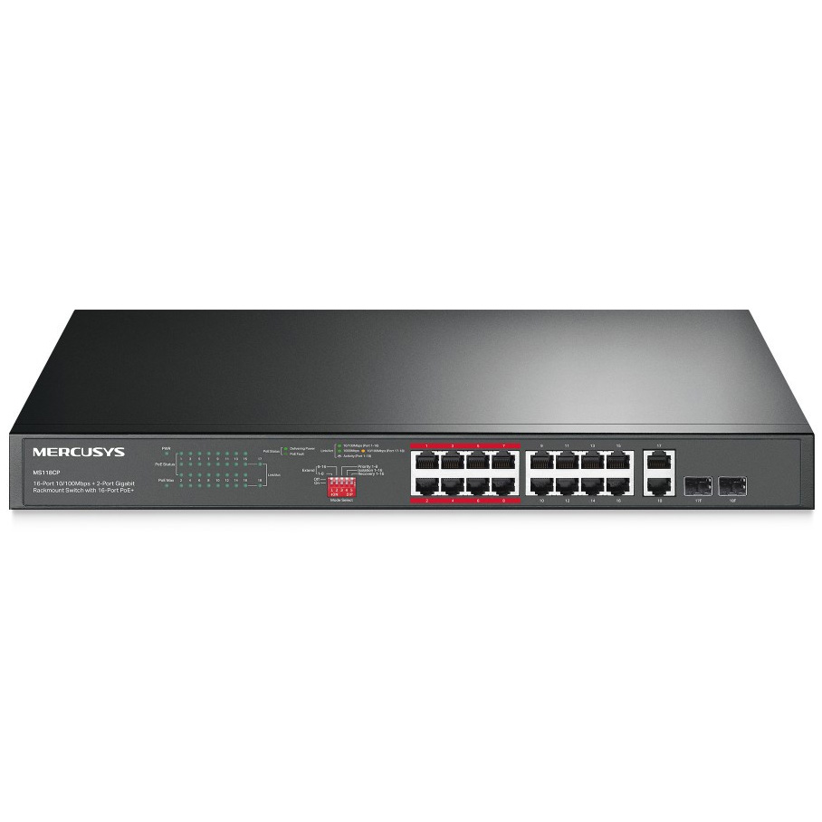 Switch PoE Mercusys MS120GP (16 PoE Gigabit, 2 Uplink Gigabit, 2 SFP, 192W)