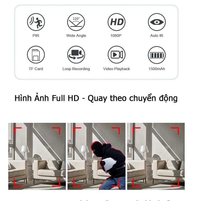 Hình ảnh Full HD, góc nhìn rộng 120 độ, Tự động quay theo chuyển động, Pin dung lượng lớn.